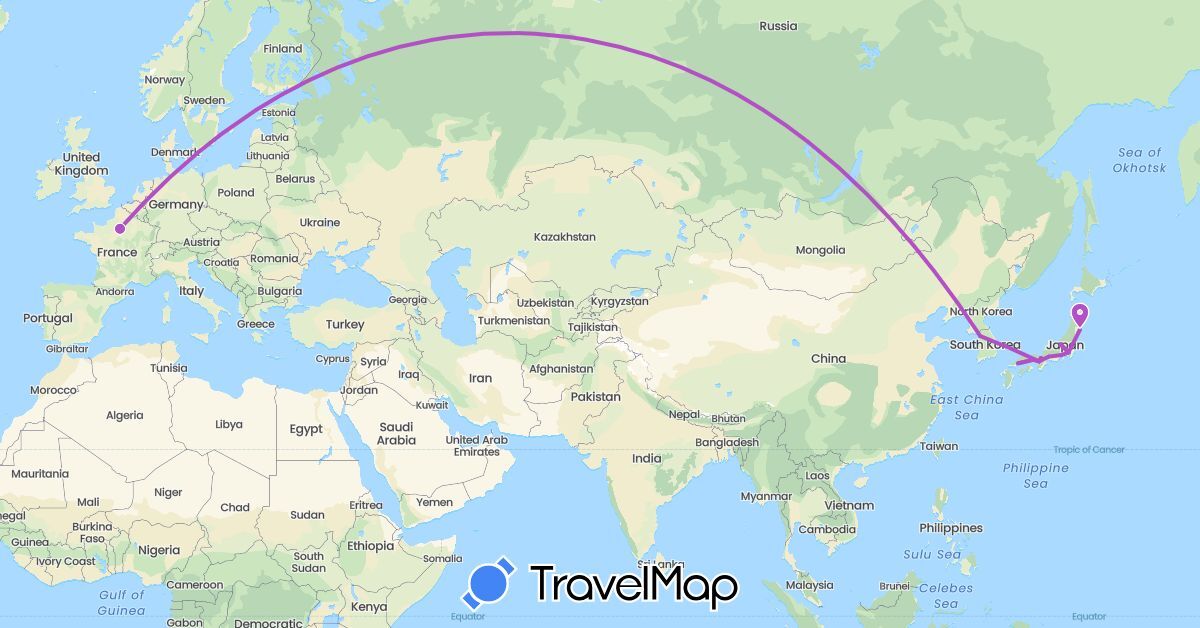 TravelMap itinerary: driving, train in France, Japan, South Korea (Asia, Europe)